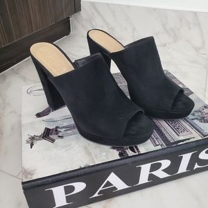 Black suede heeled slides